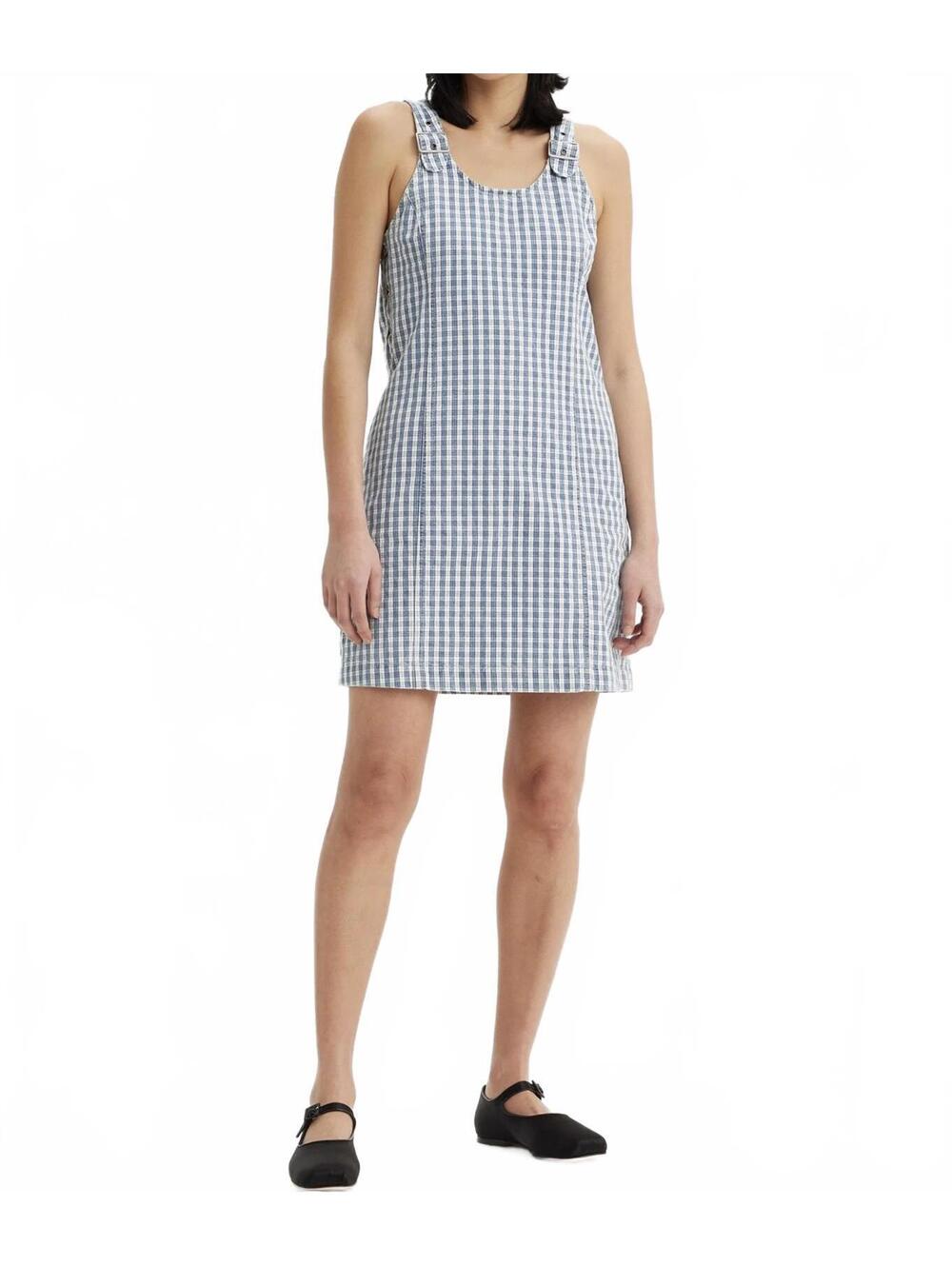 Levi's Aly Sleeveless Jumper Mini Denim Dress Blue White Check Gingham NWT